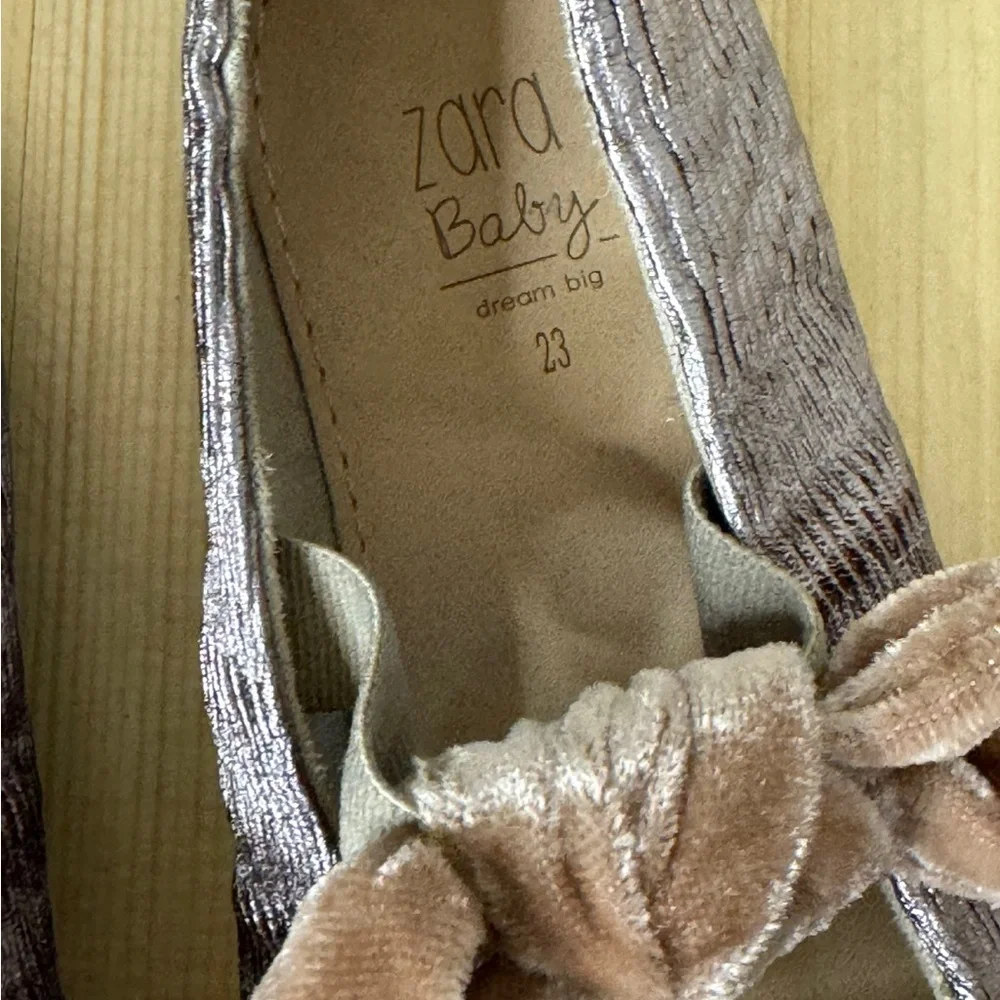 Zara Kids Metallic Ballet Flats Velvet Bow Dress Shoes EU 23 Bronze Gold Girls